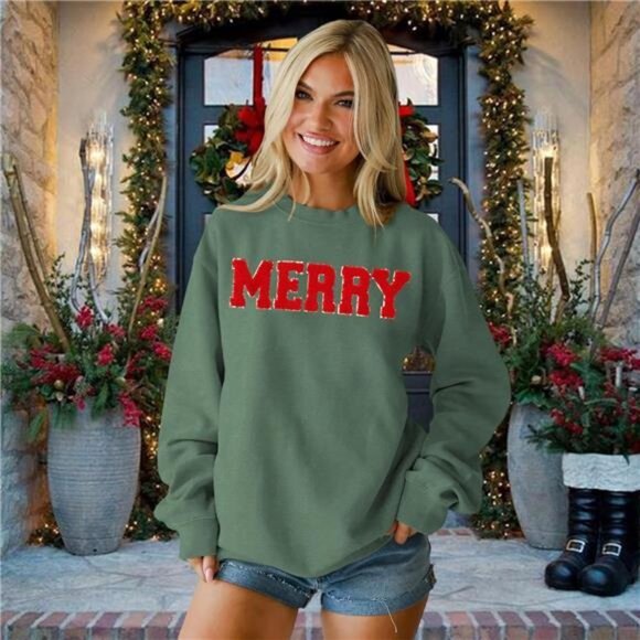 Women’s Merry Christmas Glitter Patch Sweatshirt – Oversized Pullover - Picture 3 of 7